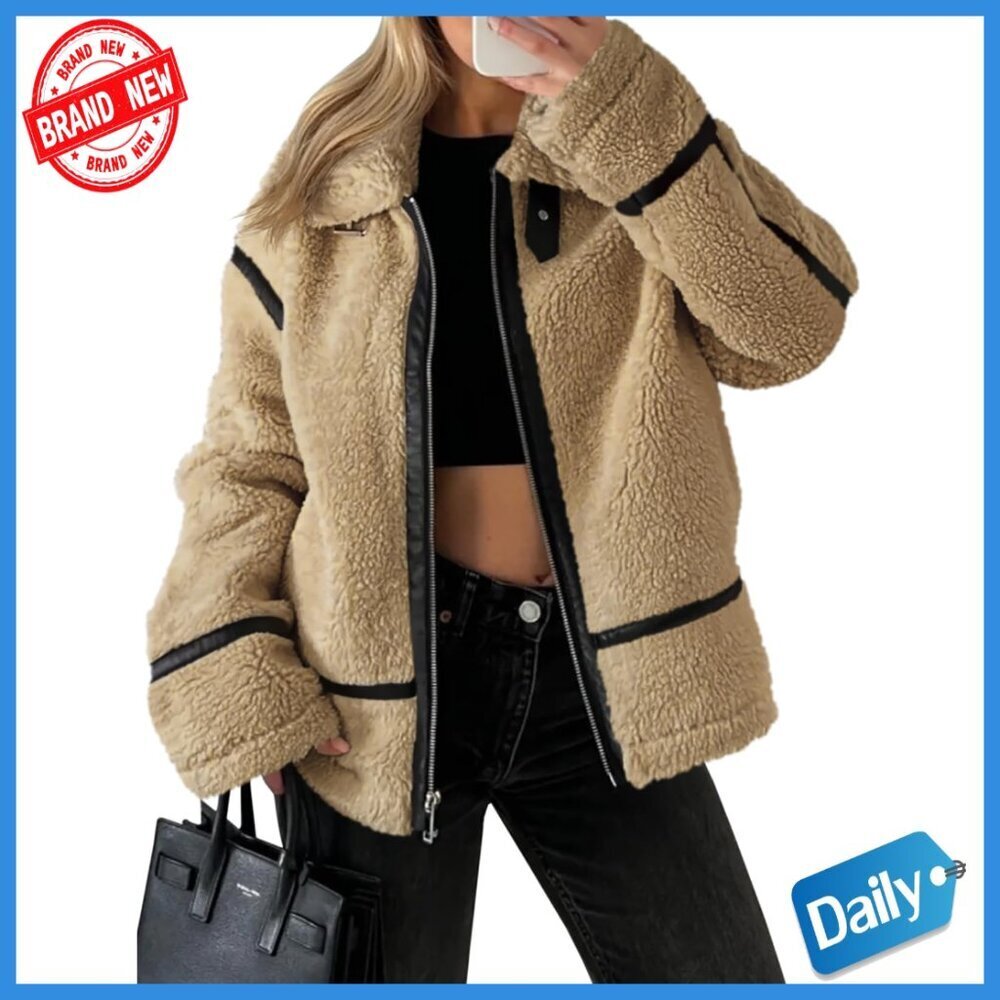 Faux Fur Sherpa Moto Jacket Patchwork Leather Oversized Zip Coat